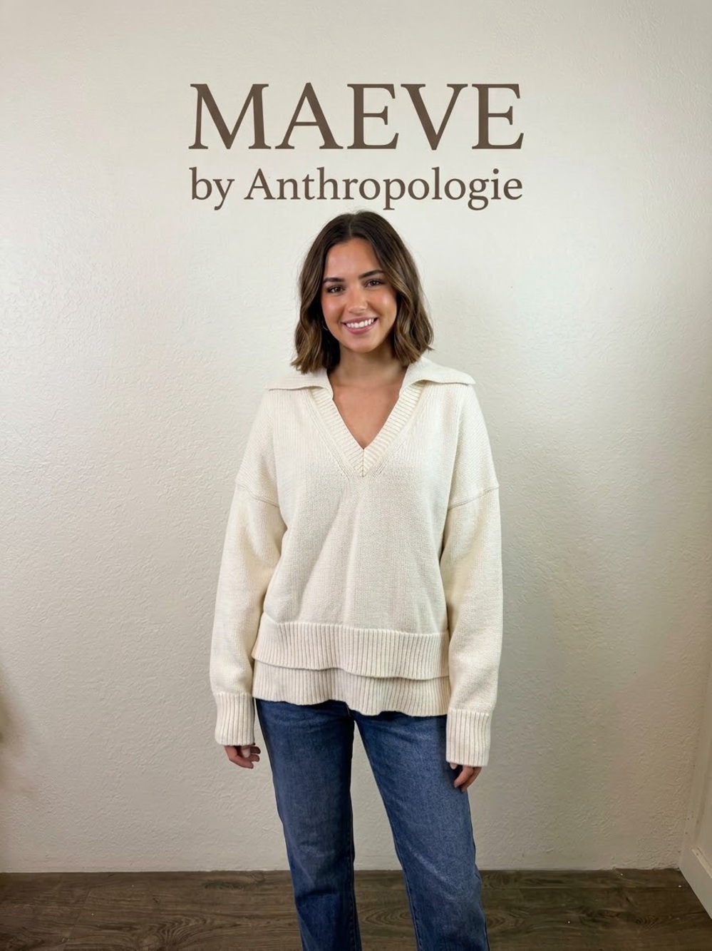 Maeve Women’s Ivory Ribbed Knit Collared V-Neck Pullover Sweater Size L